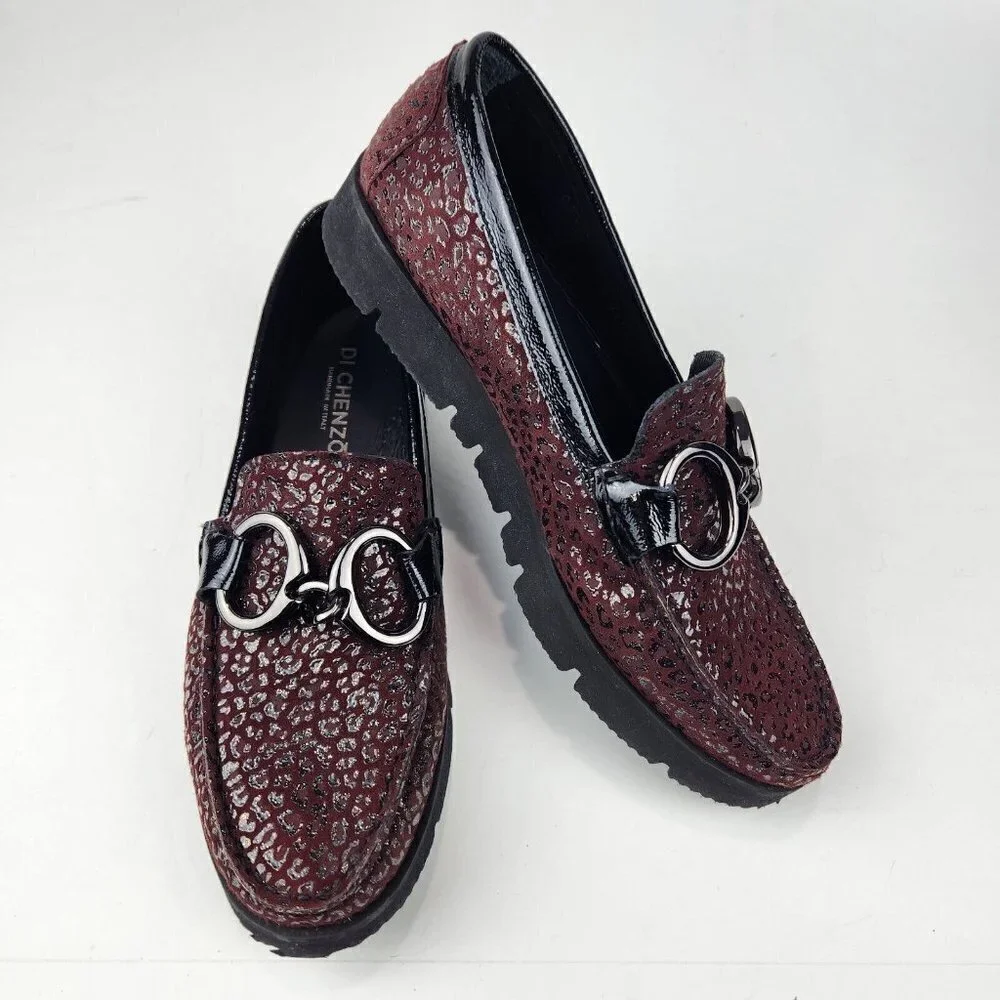 Di Chenzo Platform‎ Loafer Womens 9.5/10 Ocelot Burgundy Leather Italian Leopard